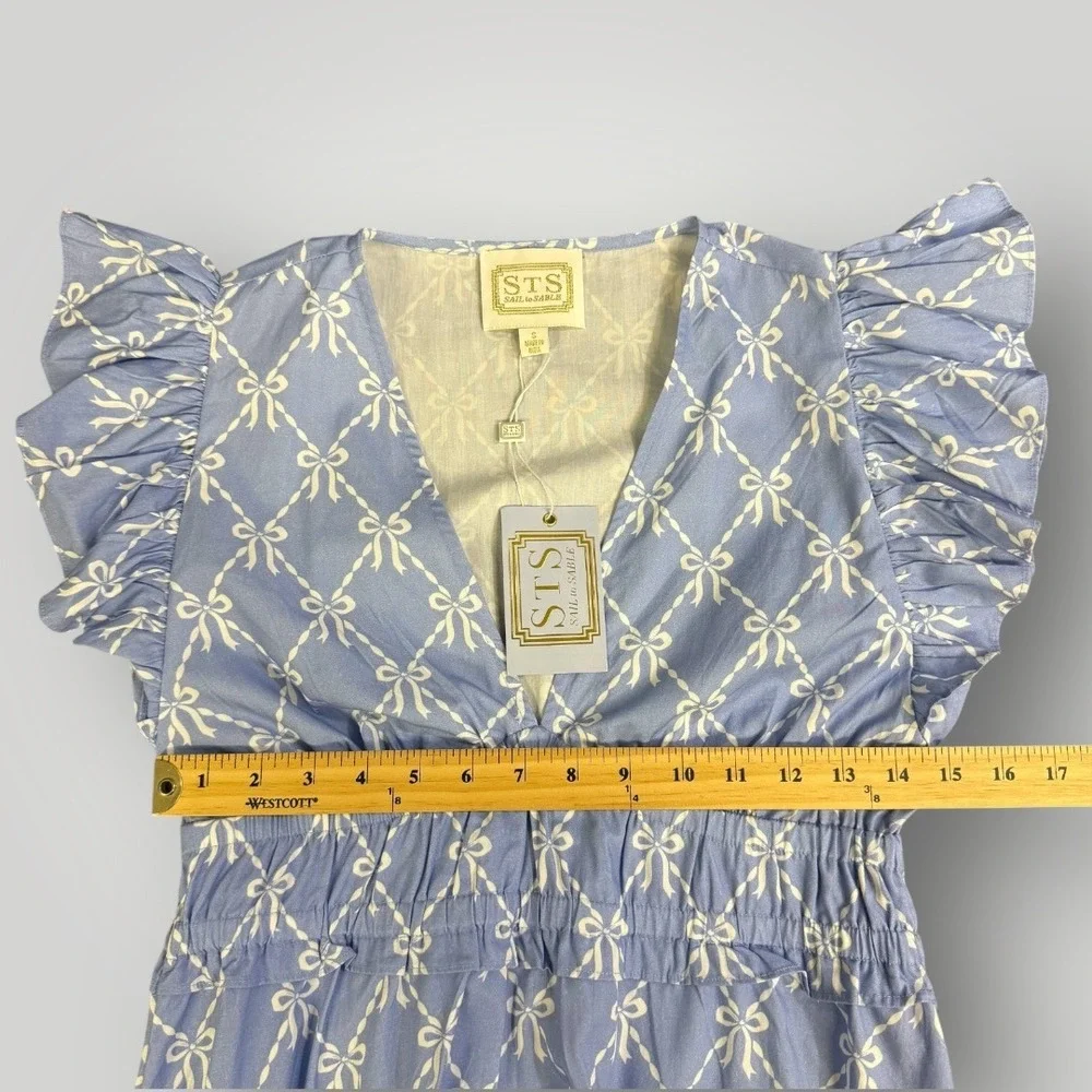 Sail to Sable Hydrangea Bow Print Flutter Sleeve V Neck Maxi Dress Blue SP25T5 S - Picture 8 of 9